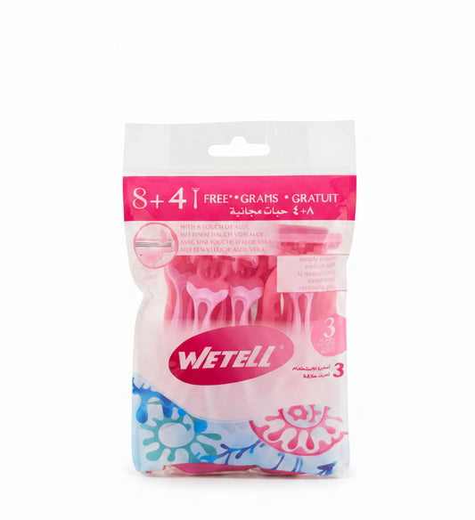 Wetell Women’s Disposable Razors – 12-Pack (8+4 Free) twin blade shaving system with aloe strip & textured grip handle
