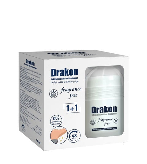 Drakon Whitening Roll-On Deodorant – Fragrance Free 50 ml × 2 (1+1 Offer)