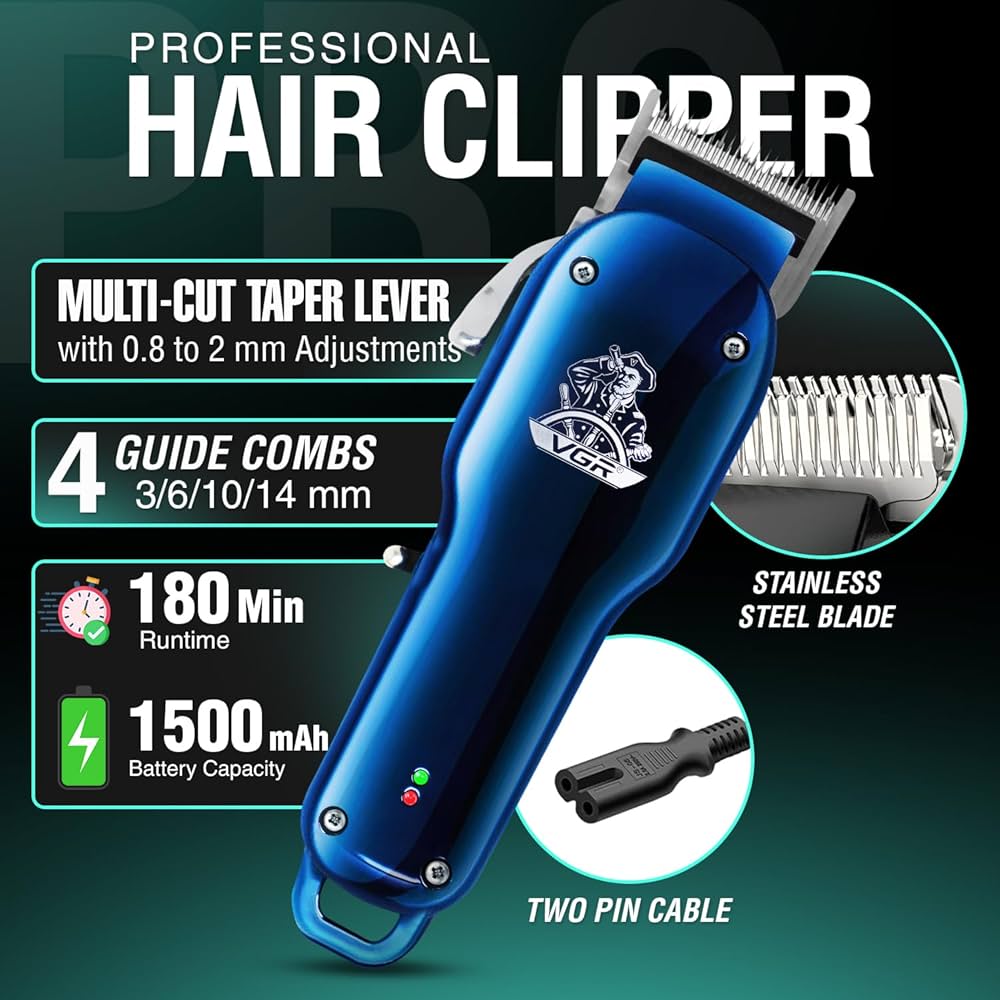 VGR V-679 Professional Hair Clipper/Hair Trimmer for Men, 180 min Runtime with 4 Length Settings (Blue)
