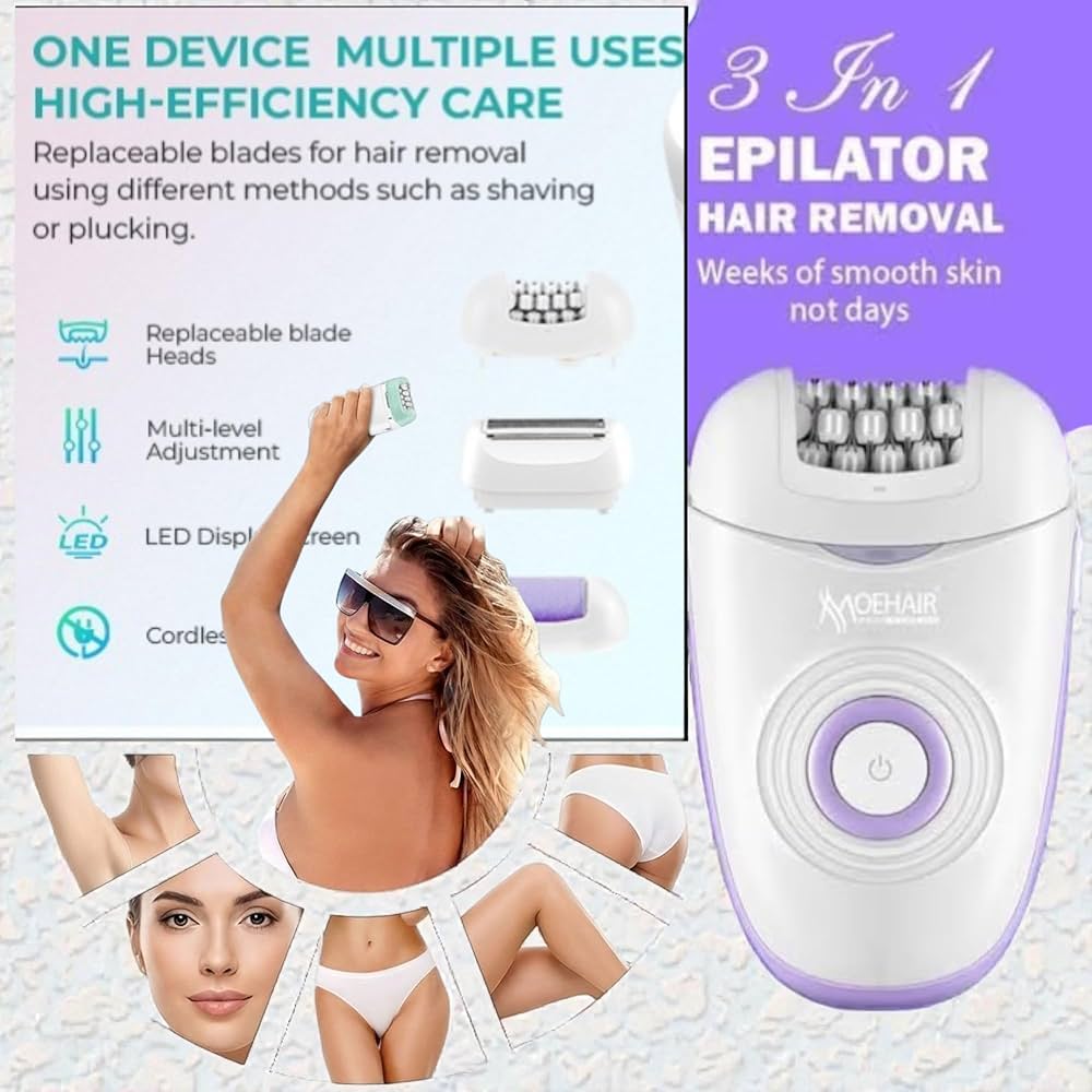 Moehair MO-9103 Silk Epil 3 Electric Epilator Set, 3-in-1 Rechargeable Hair Removal Device with Shaver and Callus Remover, 21 Tweezers, Type-C Charging