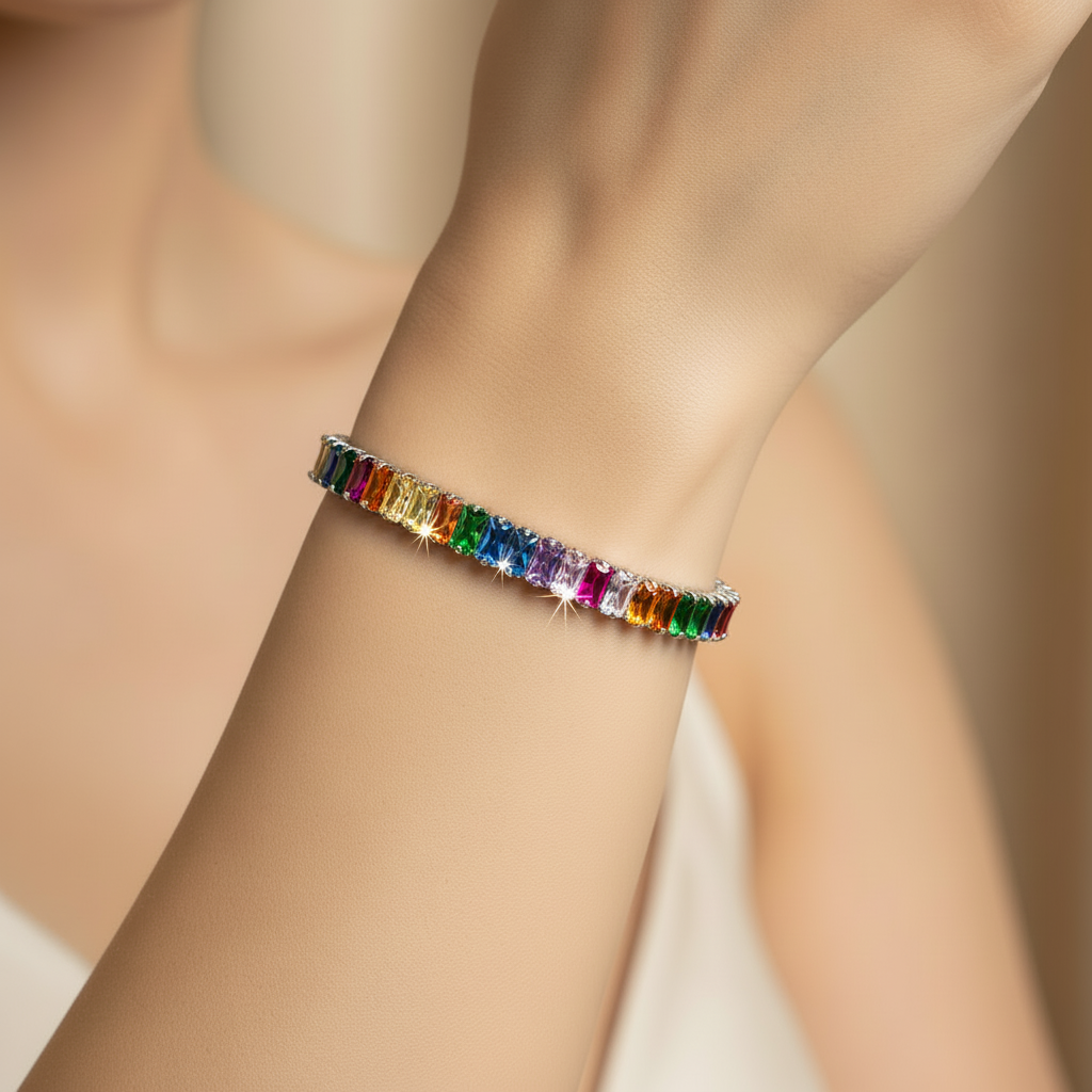 Girl wearing colorful rainbow bracelet - square format
