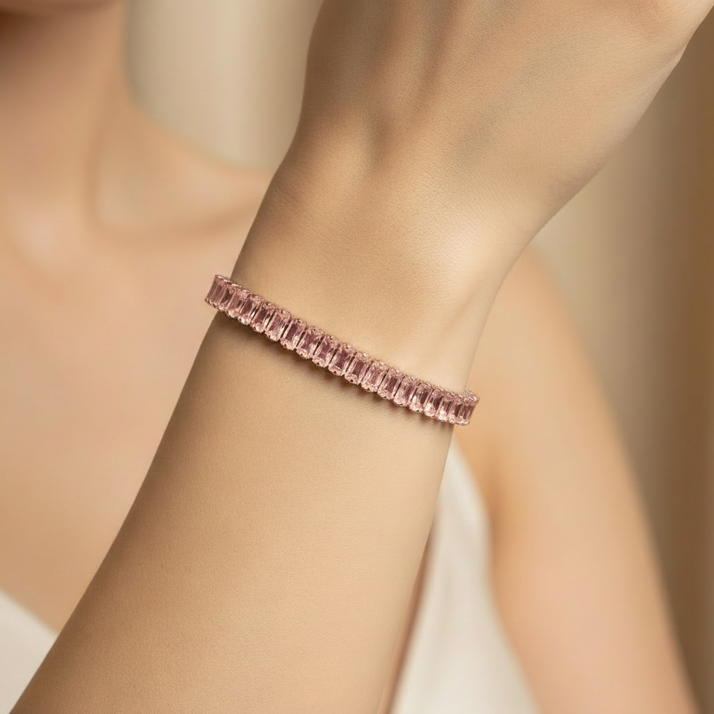 Girl wearing pink rose gold bracelet - square format