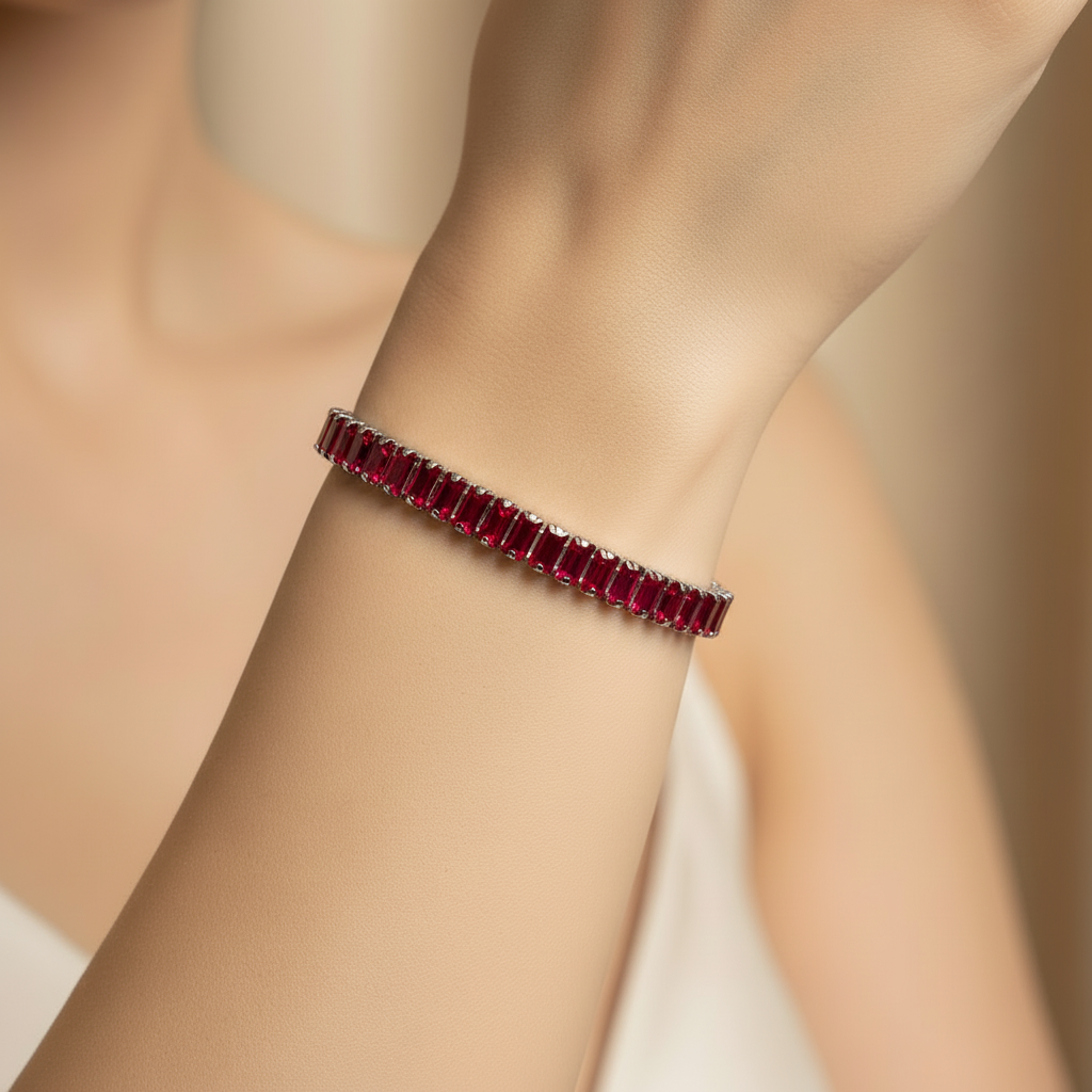 Girl wearing red ruby bracelet - square format