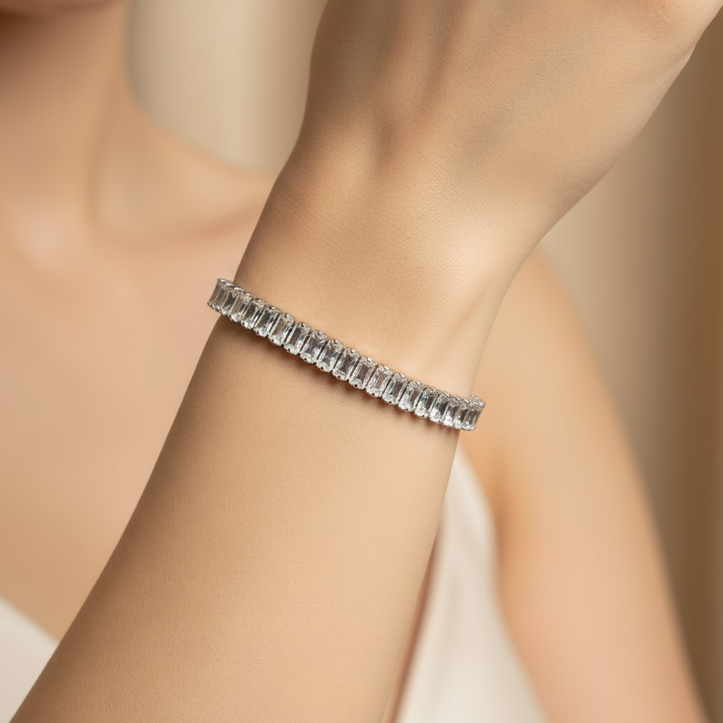 Smaller image of girl wearing shiny tennis bracelet